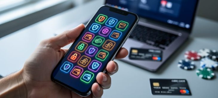 Hand holding a smartphone showing a colorful casino-style interface with padlock and shield icons, photographed at a 45-degree overhead angle on a desk, with a blurred laptop, credit card, and poker chips in the background under soft daylight.