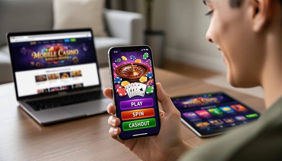 Smartphone displaying colorful online gambling interface on desk