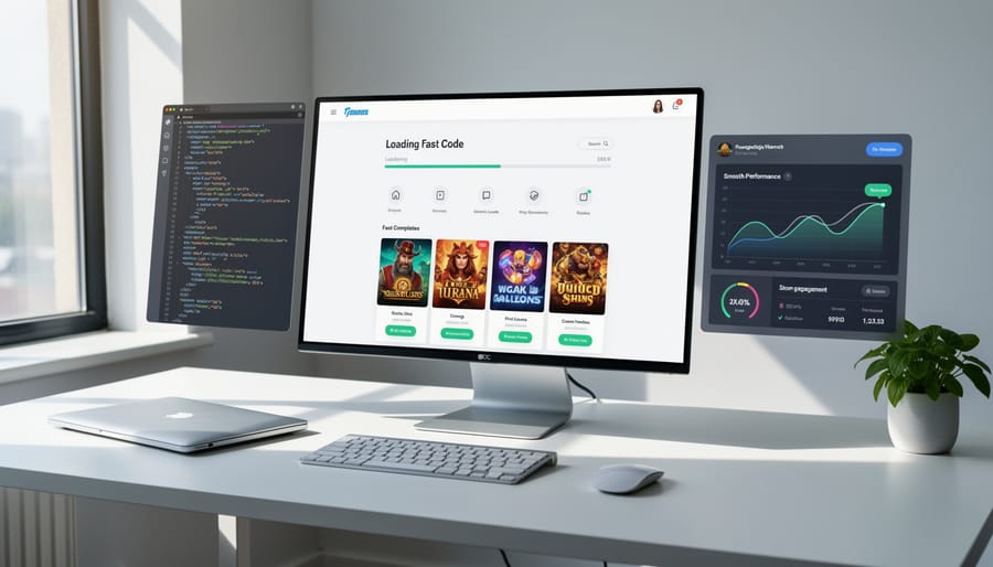 Developer typing code on laptop in modern workspace