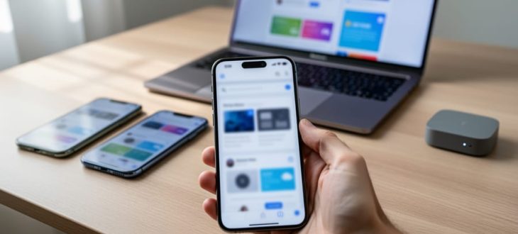 Tester holding a smartphone beside a laptop on a modern desk, with two extra phones and a small cellular hotspot; primary phone in sharp focus and background screens intentionally blurred with no readable text under soft daylight.