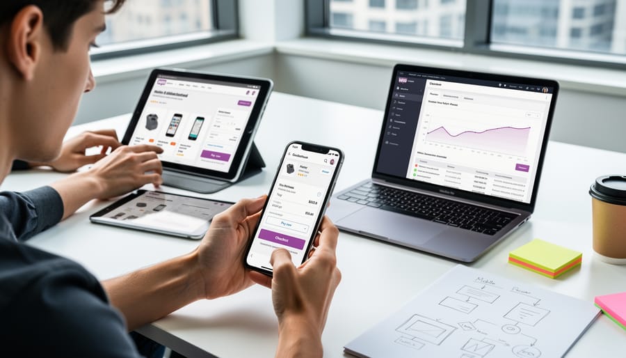 Person holding smartphone displaying WooCommerce checkout page with credit card ready for purchase