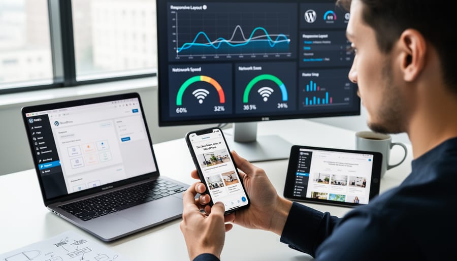 Smartphone displaying WordPress website held above laptop with development tools in modern workspace
