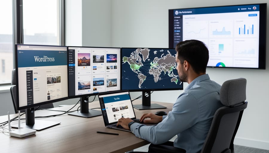 Developer hands typing on laptop with WordPress testing interface and multiple device previews visible