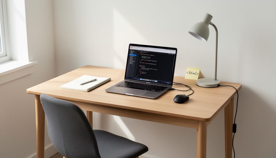 Clean minimalist workspace with laptop, notebook, and coffee on white desk