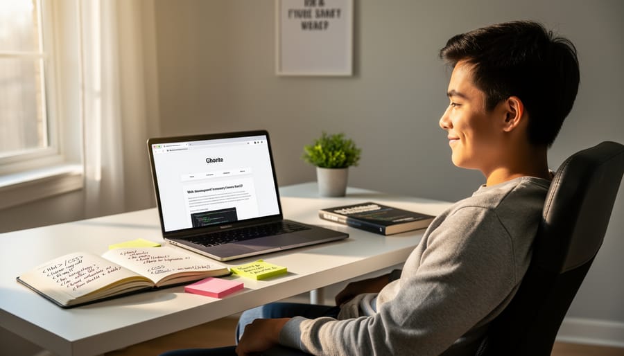 Person celebrating success while viewing completed webpage on laptop