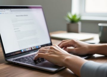 Close-up of hands typing on a laptop at a clean desk in soft natural light, with the screen content blurred and a closed notebook, small plant, and mug in the background.