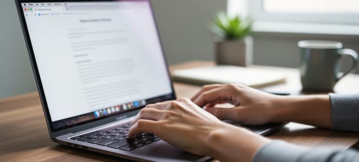 Close-up of hands typing on a laptop at a clean desk in soft natural light, with the screen content blurred and a closed notebook, small plant, and mug in the background.