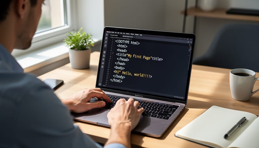 Person's hands typing HTML code on laptop keyboard