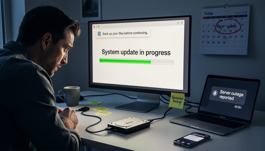 Person looking concerned while monitoring a laptop, with a softly lit server room in the background to emphasize backup importance.