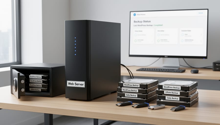 External hard drive connected to a laptop, representing secure storage for WordPress backup files.