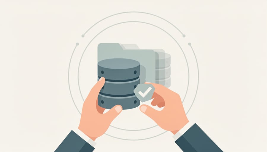 Close-up of hands connecting a USB drive to a laptop to verify a backup archive for WordPress restoration.