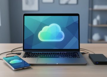 Laptop and smartphone on a desk with an external hard drive, symbolizing backing up a WordPress site to a secure cloud location.