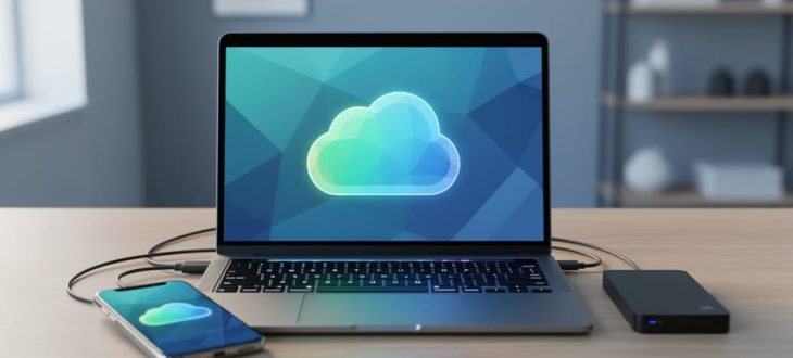 Laptop and smartphone on a desk with an external hard drive, symbolizing backing up a WordPress site to a secure cloud location.
