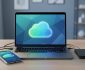 Laptop and smartphone on a desk with an external hard drive, symbolizing backing up a WordPress site to a secure cloud location.