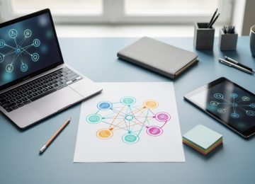 Laptop and tablet on a desk with blank paper showing a color concept web made of connected circles and lines beside a pencil and sticky notes