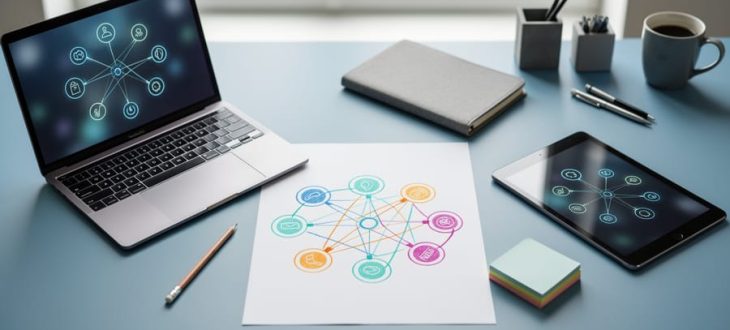 Laptop and tablet on a desk with blank paper showing a color concept web made of connected circles and lines beside a pencil and sticky notes