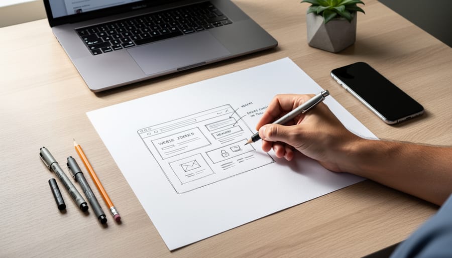 Person sketching connected website ideas on paper with colored pens and sticky notes on a desk