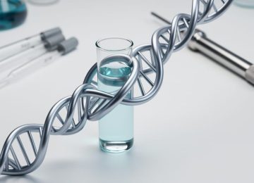 Metallic peptide ribbon strands arranged near a laboratory test tube on a clean research workbench under soft studio lighting.