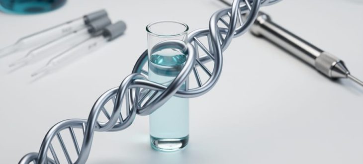 Metallic peptide ribbon strands arranged near a laboratory test tube on a clean research workbench under soft studio lighting.