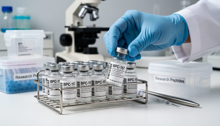 Lab bench scene with glass vials and a sealed peptide sample tube beside an open notebook