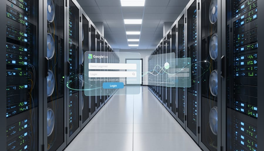 A technician in a server rack room with illuminated server cabinets and blinking status lights
