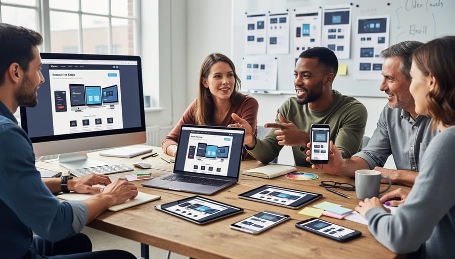 Design team members pointing at a tablet, laptop, and smartphone on a studio worktable