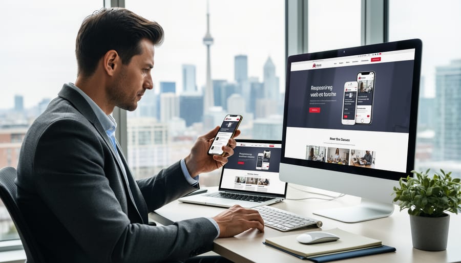 Toronto business owner holding a smartphone while working on a laptop in an office setting