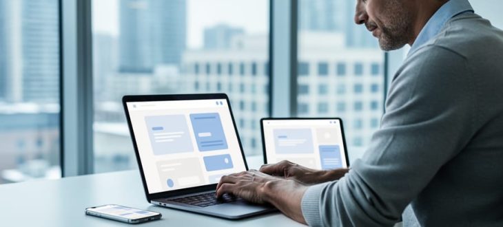A Toronto small business owner working with a laptop while a smartphone and tablet illustrate responsive web design across devices.