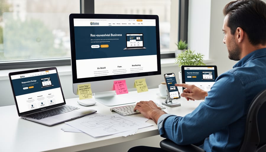 A Vancouver small business owner working on a laptop at a desk with website notes in the background