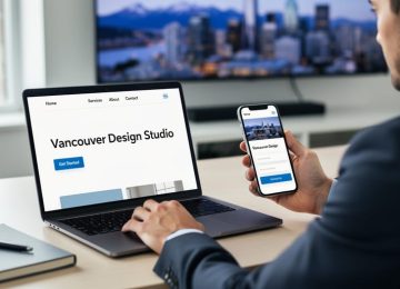 “A Vancouver small business owner reviewing a responsive website on a laptop and smartphone at a desk in soft natural light.”