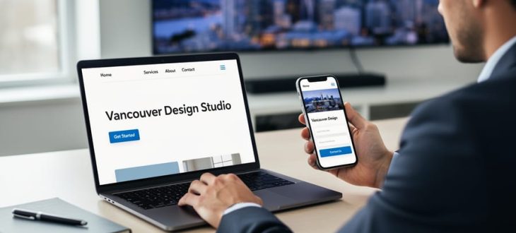 “A Vancouver small business owner reviewing a responsive website on a laptop and smartphone at a desk in soft natural light.”