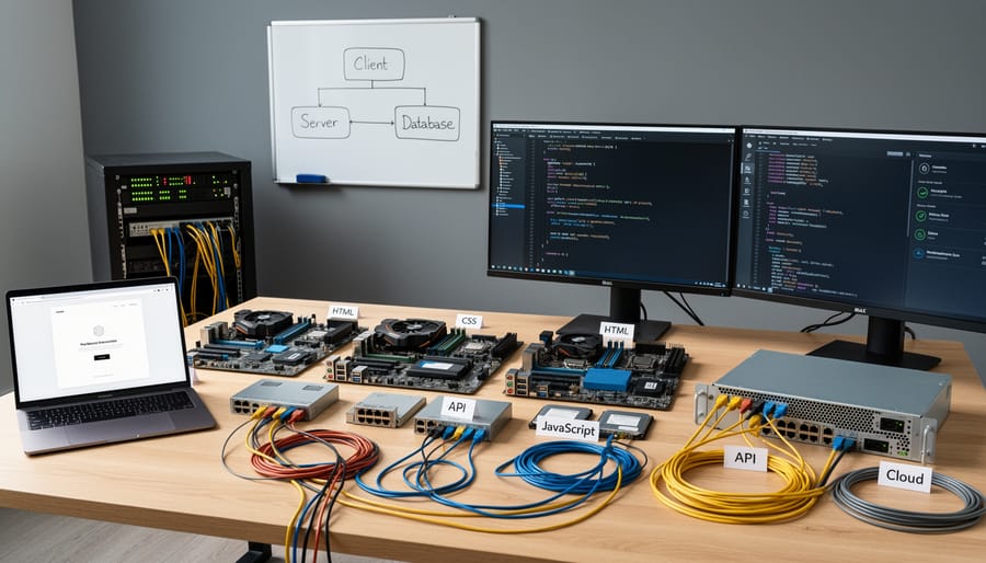 A laptop, circuit boards, and ethernet cables on a tidy workbench in a clean workspace