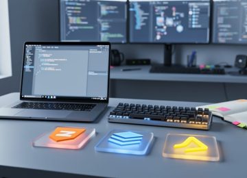 “Modern developer workspace with laptop, keyboard, and colorful tech-shaped tiles representing web development layers on a desk under natural daylight.”