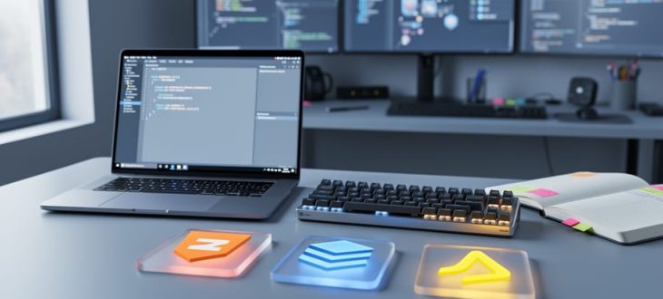 “Modern developer workspace with laptop, keyboard, and colorful tech-shaped tiles representing web development layers on a desk under natural daylight.”