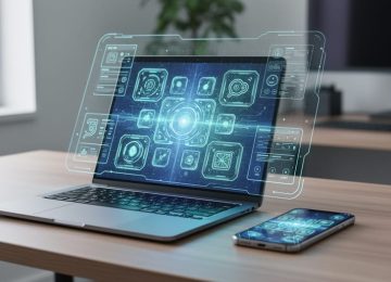 “Modern laptop and smartphone on a desk with a subtle holographic, glowing interface pattern representing high-tech website design.”