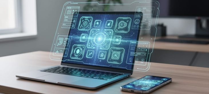 “Modern laptop and smartphone on a desk with a subtle holographic, glowing interface pattern representing high-tech website design.”