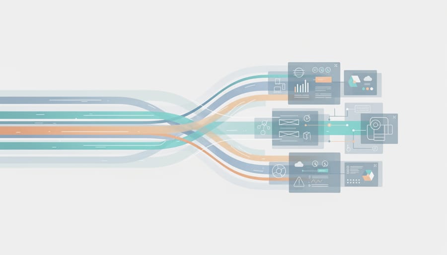 Silhouetted laptop surrounded by translucent light ribbons symbolizing layered web technologies.