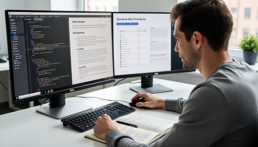 Developer reviewing printed coding standards and notes next to a laptop