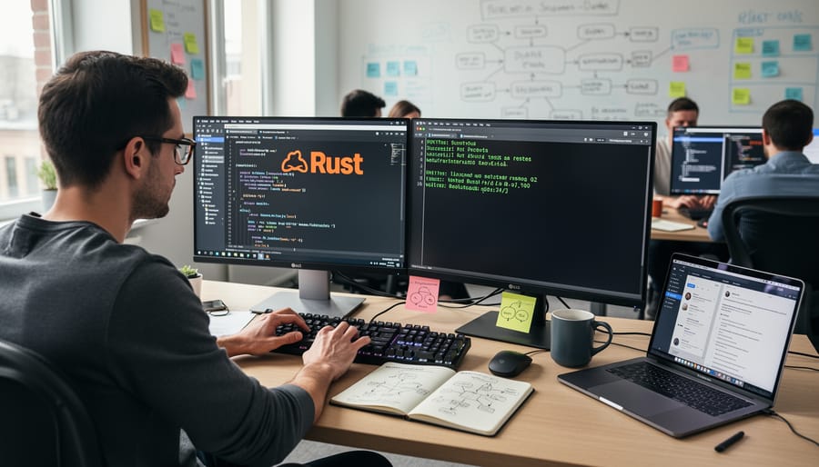 Developer typing on a laptop keyboard in a modern workspace
