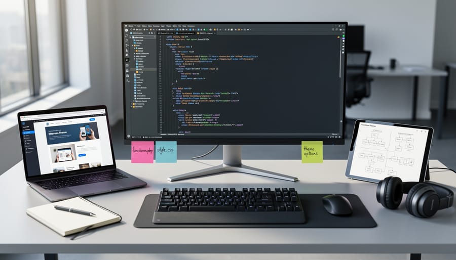 Laptop on a desk with code editor glow, suggesting a developer working environment for theme creation