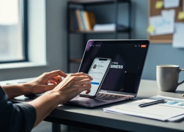 “Small business owner using a laptop and smartphone at a desk to prepare a free business website.”