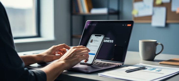 “Small business owner using a laptop and smartphone at a desk to prepare a free business website.”