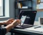 “Small business owner using a laptop and smartphone at a desk to prepare a free business website.”