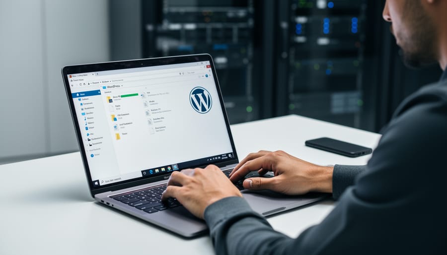 Hands using a mouse near a computer screen to upload files to a server using FTP or file manager