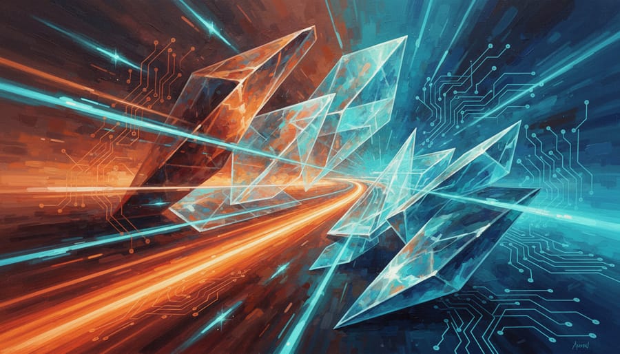 Futuristic glass panels with neon blue lighting suggesting web performance concepts