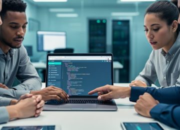 Web development team reviewing clean HTML code and accessibility compliance practices on a laptop in a modern office setting.