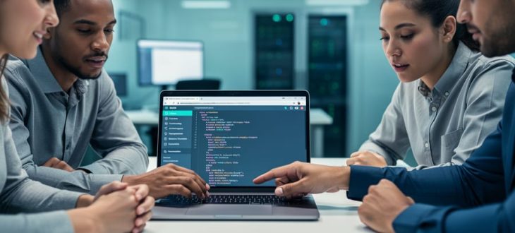 Web development team reviewing clean HTML code and accessibility compliance practices on a laptop in a modern office setting.