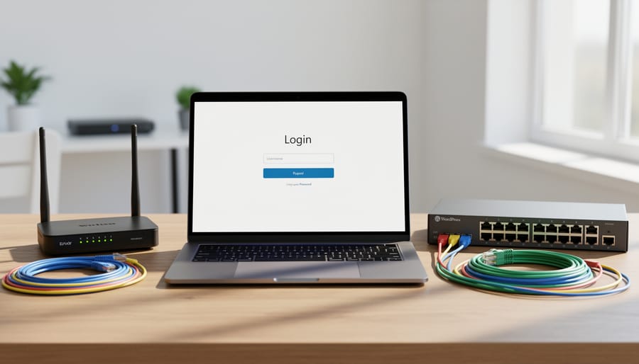 Laptop on a desk with storage drive and networking cables, representing pre-installation setup needs