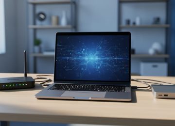 Laptop on a desk connected to networking gear with cables and an external storage drive, representing credentials and file access for manually installing WordPress.