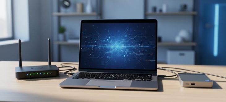 Laptop on a desk connected to networking gear with cables and an external storage drive, representing credentials and file access for manually installing WordPress.